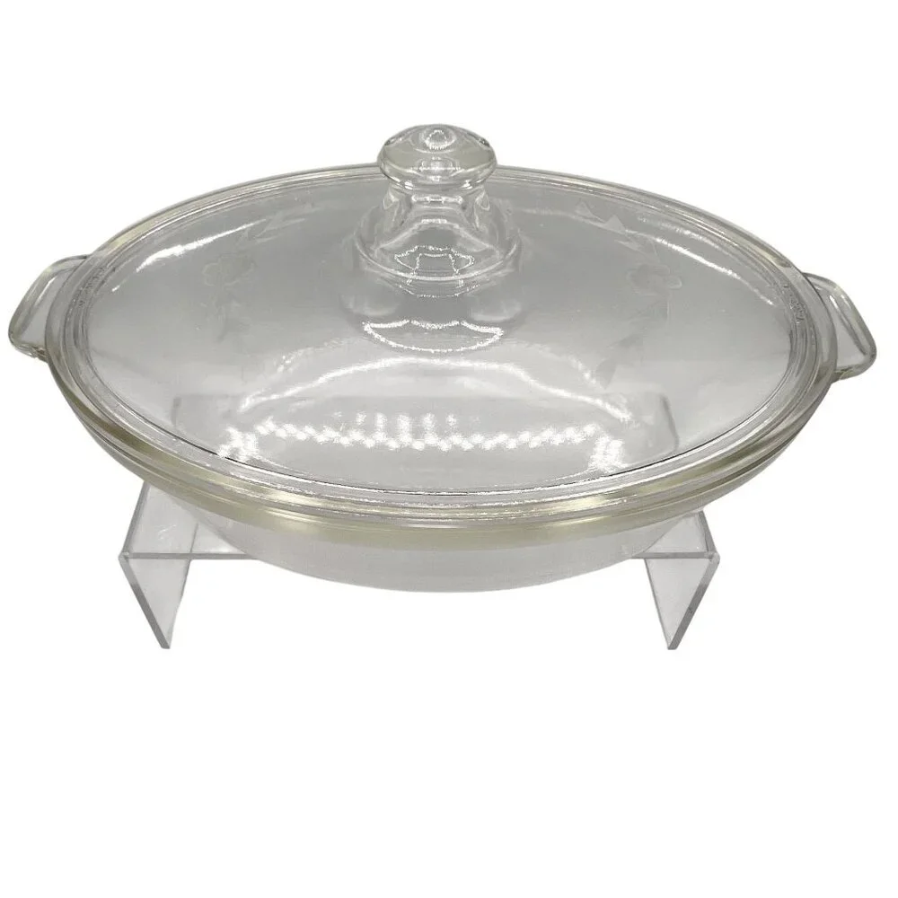 Pyrex 1.5qt Vintage Oval Glass Casserole Dish Etched Silver Plated Footed Holder